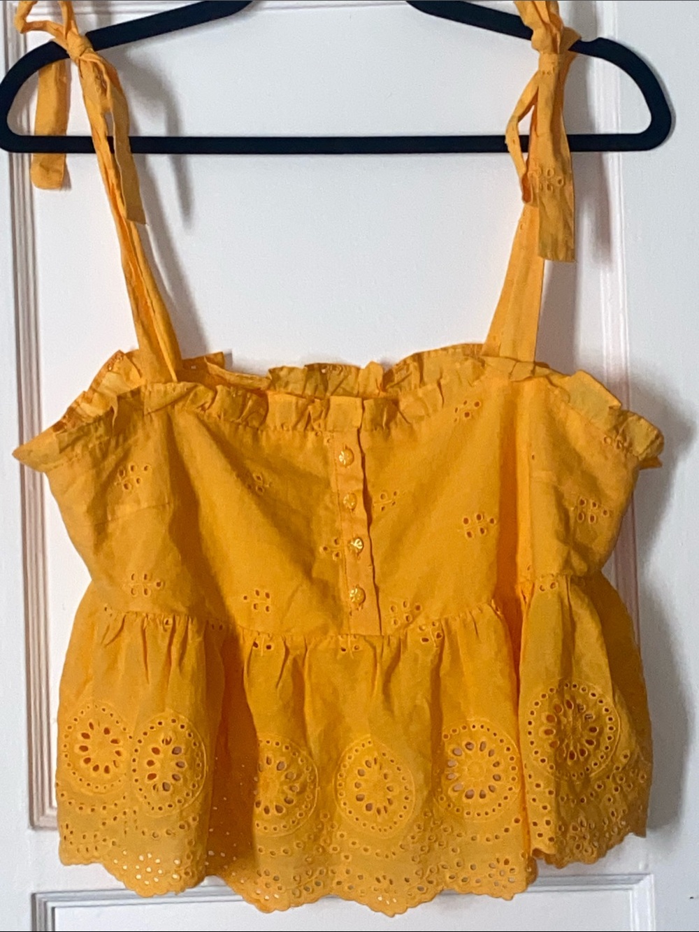 Urban Outfitters Yellow Eyelet Tie-Shoulder Lace Ruffled Women's Top Size M. - Picture 3 of 9